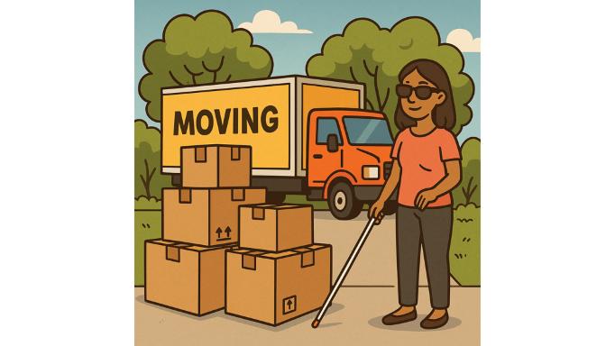 Cartoon drawing of a blind woman standing near a pile of moving boxes and in front of a moving van. It is a sunny day and the trees are covered with leaves.